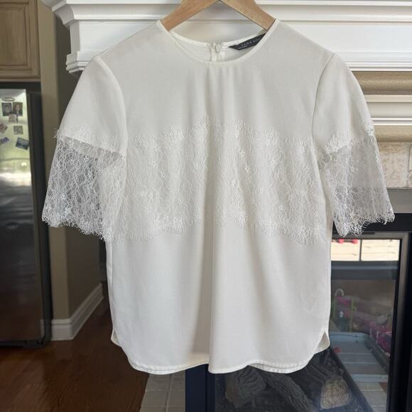 Zara woman White T Shirt Lace Panels Size Small - Picture 2 of 6